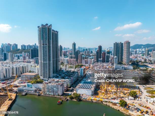 aerial view of to kwa wan district, hong kong - reclamation stock pictures, royalty-free photos & images