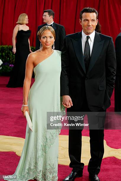 Actors Ben Affleck and fiancee Jennifer Lopez, wearing Harry Winston jewelry, attends the 75th Annual Academy Awards at the Kodak Theater on March...