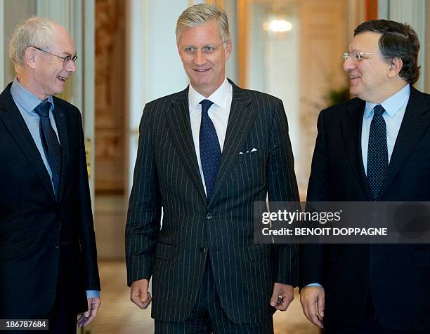 European Council President Herman Van Rompuy, King Philippe - Filip of Belgium and European Commission President Jose Manuel Barroso meet as King...