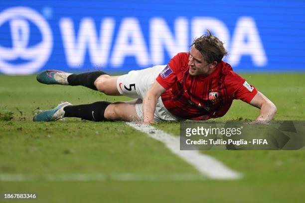 Marius Hoibraten of Urawa Red reacts after scoring their sides own goal during the FIFA Club World Cup Saudi Arabia 2023 Semi-Final match between...