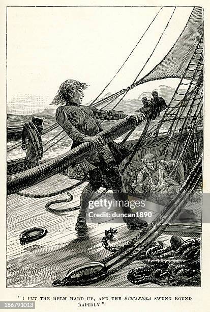 treasure island - i put the helm hard up - sailing crew stock illustrations