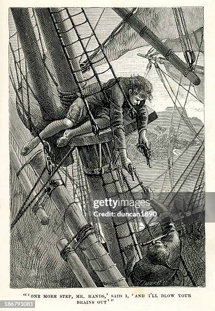 stockillustraties, clipart, cartoons en iconen met treasure island - i'll blow your brains out - mast sailing