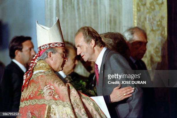 King Juan Carlos of Spain is greeted by the prelate of the diocese Jorge Medina, on October 20, 1990 in Valdivia, 400 miles south of Santiago. The...
