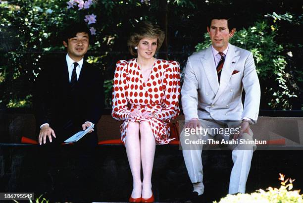 Prince Naruhito, Princess of Wales, Princess Diana and Prince of Wales, Prince Charles are seen at the Shugakuin Imperial Villa on May 9, 1986 in...