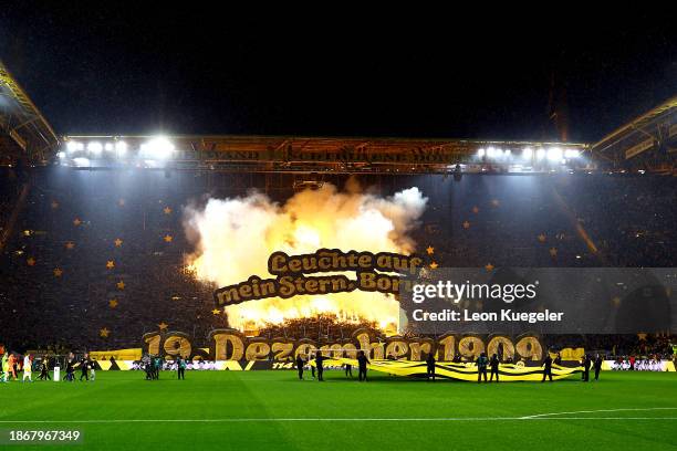 General view inside the stadium as fans light pyrotechnics prior to kick-off ahead of the Bundesliga match between Borussia Dortmund and 1. FSV Mainz...