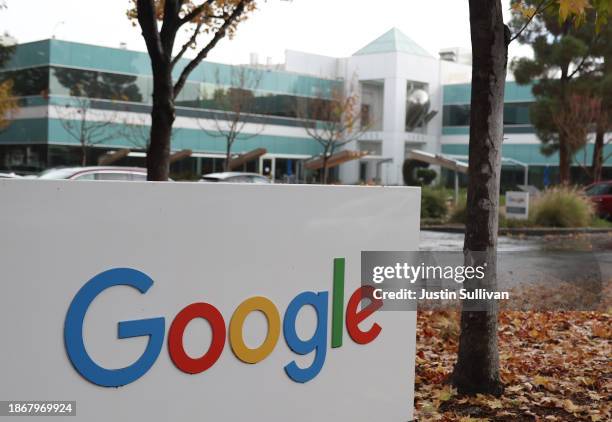 Sign is posted in front of an office at Google headquarters on December 19, 2023 in Mountain View, California. Google has agreed to pay $700 million...
