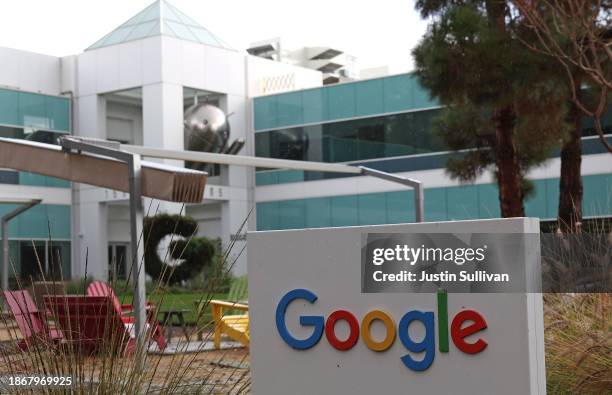 Sign is posted in front of an office at Google headquarters on December 19, 2023 in Mountain View, California. Google has agreed to pay $700 million...