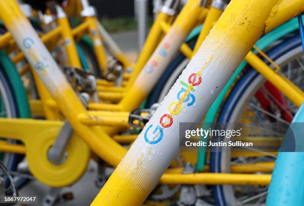 The Google logo is displayed on a Google bike at Google headquarters on December 19, 2023 in Mountain View, California. Google has agreed to pay $700...