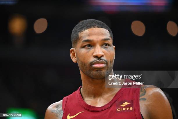 Tristan Thompson of the Cleveland Cavaliers pauses during the third quarter against the Atlanta Hawks at Rocket Mortgage Fieldhouse on December 16,...
