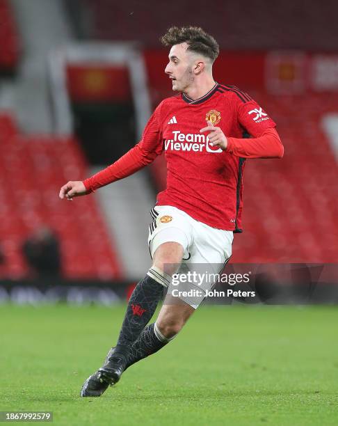James Nolan of Manchester United U18s in action during the FA Youth Cup Third Round match between Manchester United U18s and Derby County U18s at Old...