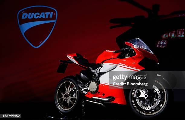 Ducati 1199 Superleggera motorbike, manufactured by Ducati Motor Holding SpA, a unit of Audi AG, stands on display in Milan, Italy, on Monday, Nov....