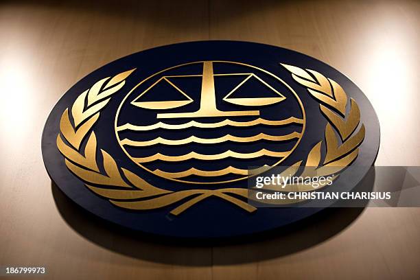 The logo of the International Tribunal for the Law of the Sea can be seen ahead of the case of the Greenpeace ship "Arctic Sunrise" in Hamburg,...