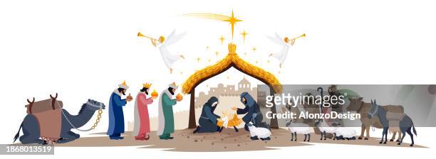 stockillustraties, clipart, cartoons en iconen met the birth of christ. divine arrival. the nativity of christ - mother and child, adorned by the wise men - baby goats