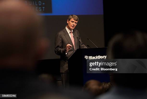 Thorsten Heins, chief executive officer of BlackBerry, speaks during the company's annual general meeting in Waterloo, Ontario, Canada, on Tuesday,...