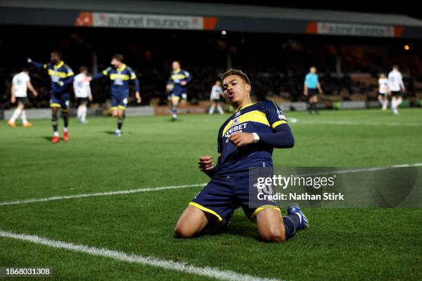 Morgan Rogers of Middlesbrough celebrates after scoring their sides second goal during the Carabao Cup Quarter Final match between Port Vale and...