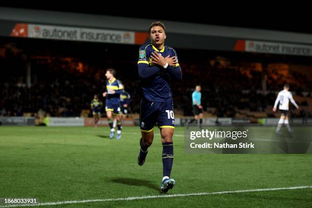 Morgan Rogers of Middlesbrough celebrates after scoring their sides second goal during the Carabao Cup Quarter Final match between Port Vale and...
