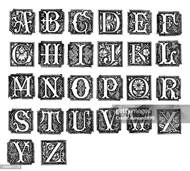 retro alphabet letters - medieval illuminated letter stock illustrations