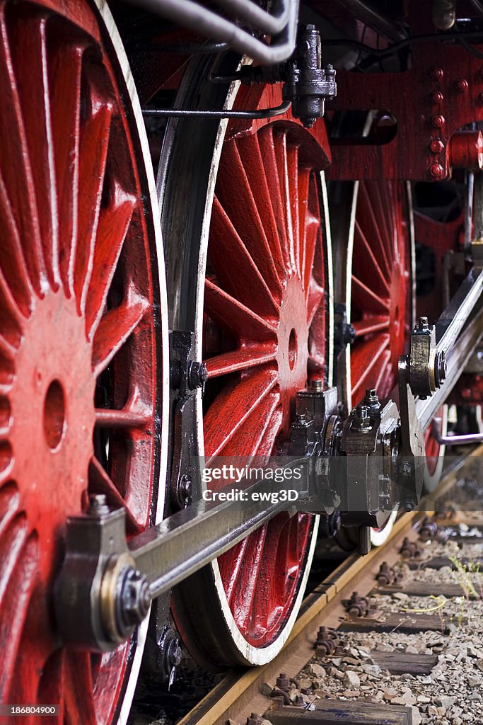 Red wheels of an old steam locomotive