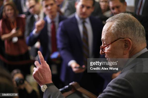 Senate Majority Leader Sen. Chuck Schumer speaks to members of the press during a news briefing after a weekly Senate Democratic policy luncheon at...