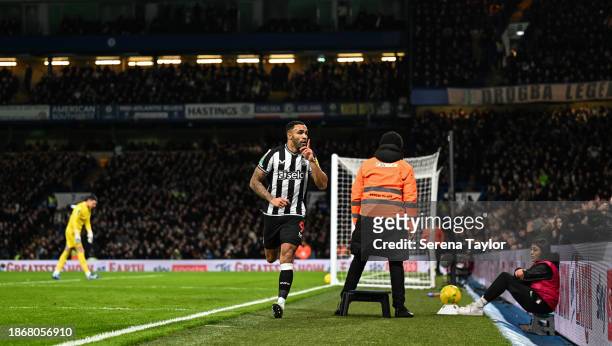 Callum Wilson of Newcastle United celebrates after scoring the opening goal during the Carabao Cup Quarter Final match between Chelsea and Newcastle...