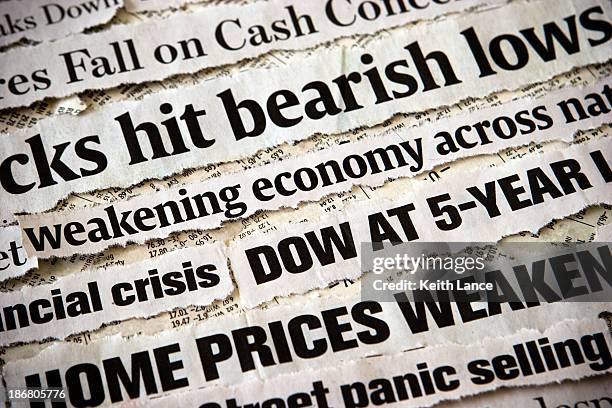 economic headlines surrounding each other - financial crisis bildbanksfoton och bilder