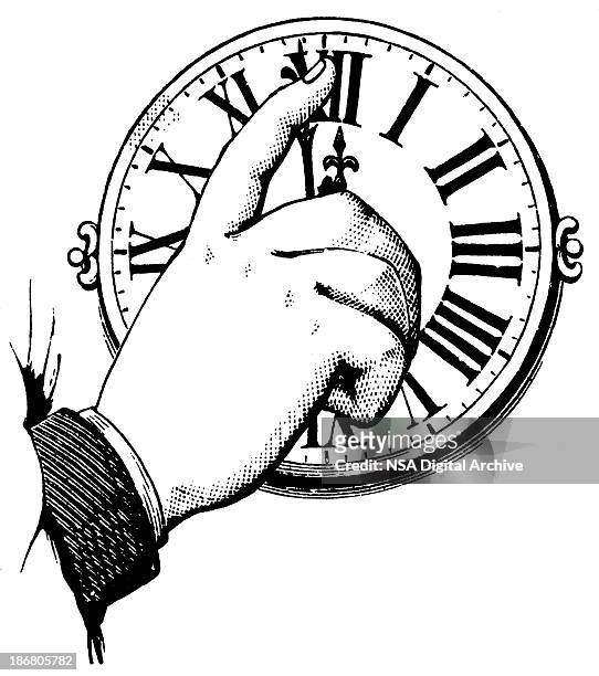 hand adjusting the time on a clock - old clock stock illustrations