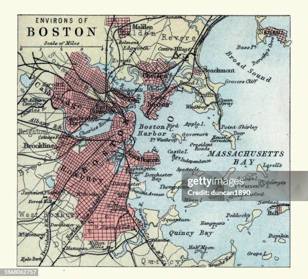 bildbanksillustrationer, clip art samt tecknat material och ikoner med old antique map of boston, massachusetts, usa, massachusetts bay, 1890s, 19th century - massachusettsbukten