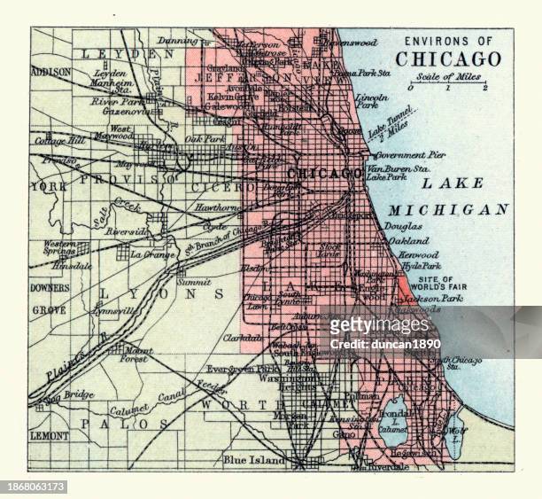 stockillustraties, clipart, cartoons en iconen met old antique map of chicago, on lake michigan in illinois, usa, 1890s, 19th century - chicago map