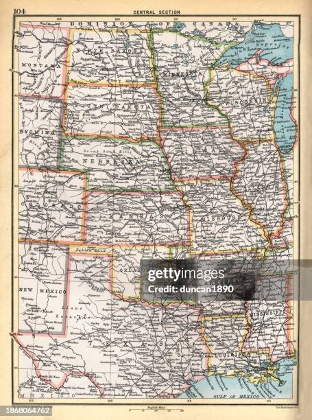 old antique map of eastern united states of america, usa, north dakota, south dakota, nebraska, kansas, oklahoma, texas, minnesota, iowa, missouri, arkansas, louisiana, wisconsin, illinois, michigan, indiana, ohio, kentucky, tennessee, west virginia, miss - south texas stock illustrations