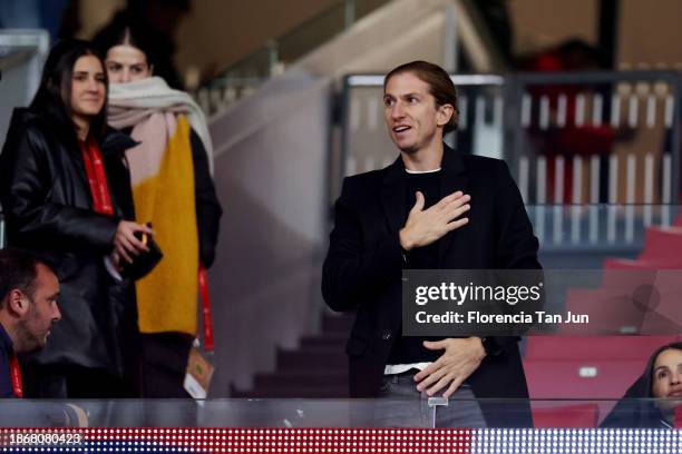 Filipe Luis, former Brazilian footballer, is seen in attendance prior to the LaLiga EA Sports match between Atletico Madrid and Getafe CF at Civitas...