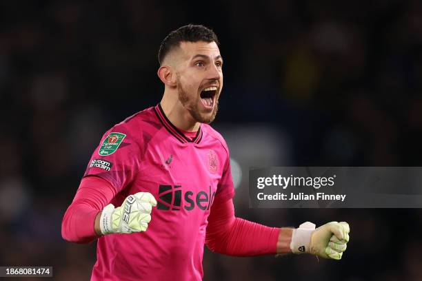 Martin Dubravka of Newcastle United celebrates after Callum Wilson of Newcastle United scores their sides first goal during the Carabao Cup Quarter...