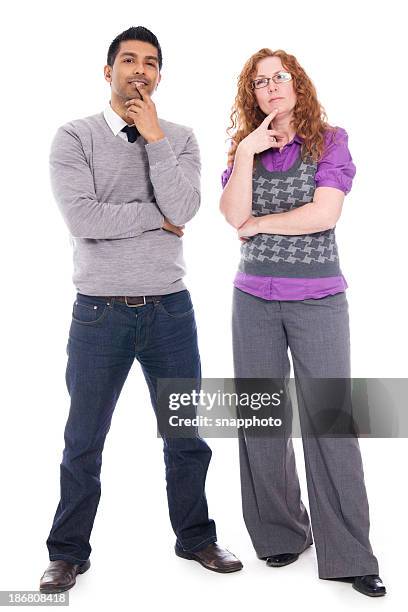 man and woman standing together. making a decision - waistcoat isolated stock pictures, royalty-free photos & images