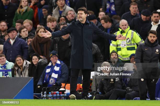 Mauricio Pochettino, Manager of Chelsea reacts during the Carabao Cup Quarter Final match between Chelsea and Newcastle United at Stamford Bridge on...