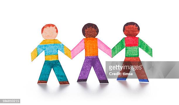 three friends as paper cutouts - human chain stock pictures, royalty-free photos & images