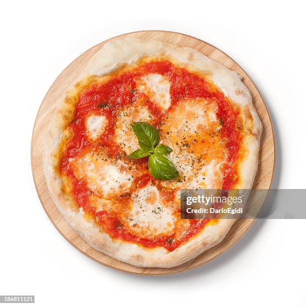 pizza margherita, tomato, mozzarella, basil, on wooden plate, white background - cheese pizza stock pictures, royalty-free photos & images
