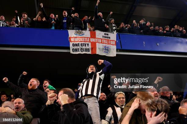 Newcastle United fans show their support during the Carabao Cup Quarter Final match between Chelsea and Newcastle United at Stamford Bridge on...