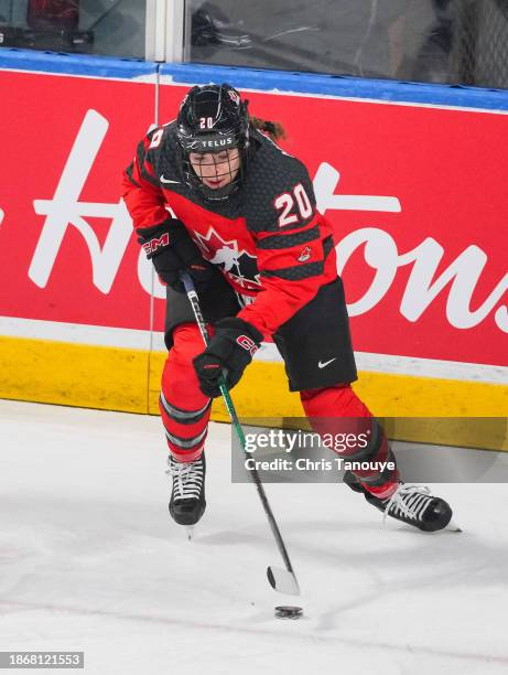 Sarah Nurse of Team Canada skates against Team USA at Kitchener Memorial Auditorium on December 14, 2023 in Kitchener, Ontario, Canada.