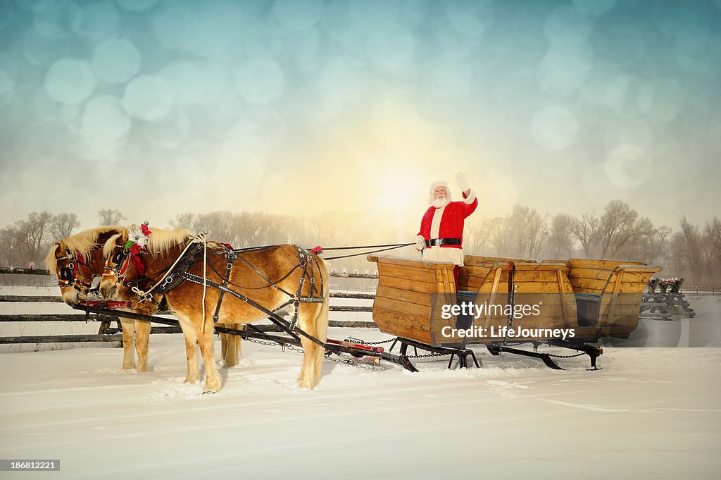 Friendly Santa Waving to Viewer With Sleigh and Horse Team