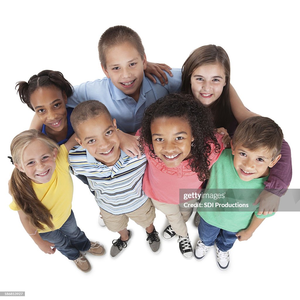 Elementary kids looking up, on white background