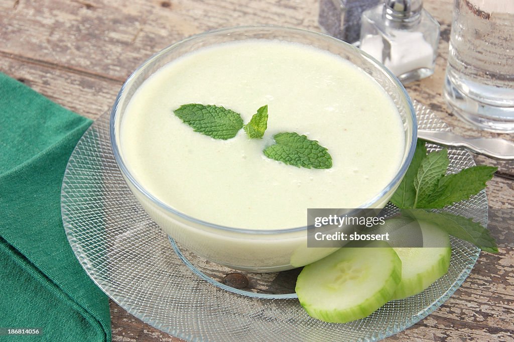 Bowl of chilled creamy cucumber soup