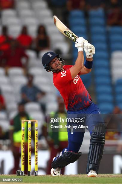 Liam Livingstone of England batting during the 4th T20 International match between West Indies and England at Brian Lara Cricket Academy on December...