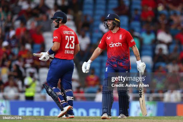 Phil Salt and Liam Livingstone during the 4th T20 International match between West Indies and England at Brian Lara Cricket Academy on December 19,...
