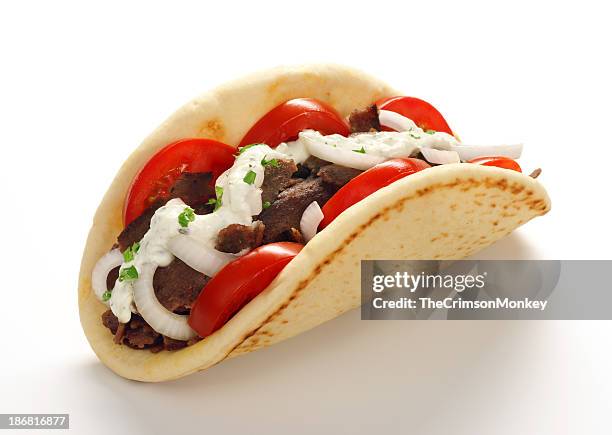 close-up of a gyros or doner kebab on white background - pitta bread stock pictures, royalty-free photos & images