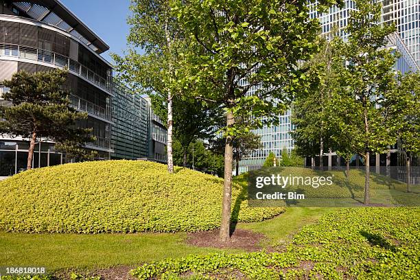 recreation zone in front of modern glass office building - munich business stock pictures, royalty-free photos & images