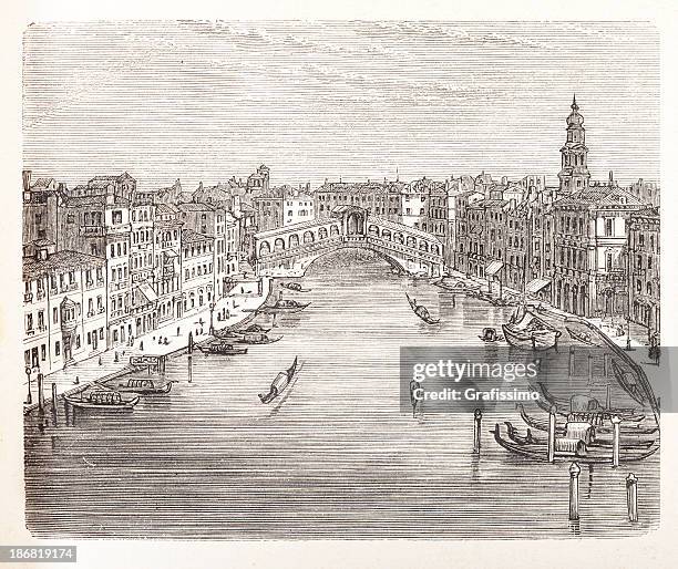 engraving of rialto bridge over canal grande in venice, italy - venice italy stock illustrations