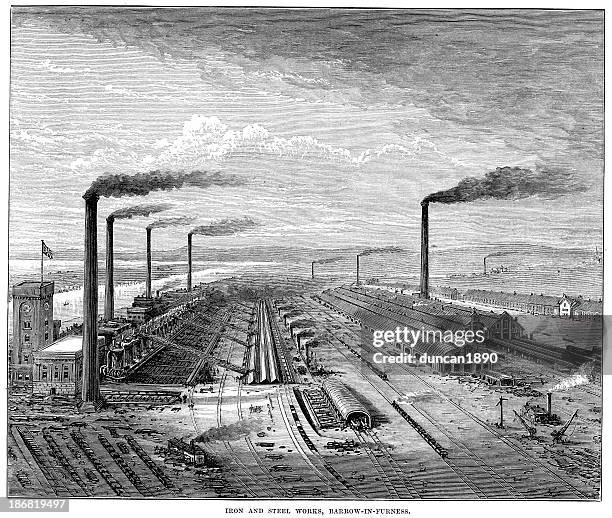 stockillustraties, clipart, cartoons en iconen met iron and steel works barrow-in-furness - industrial revolution