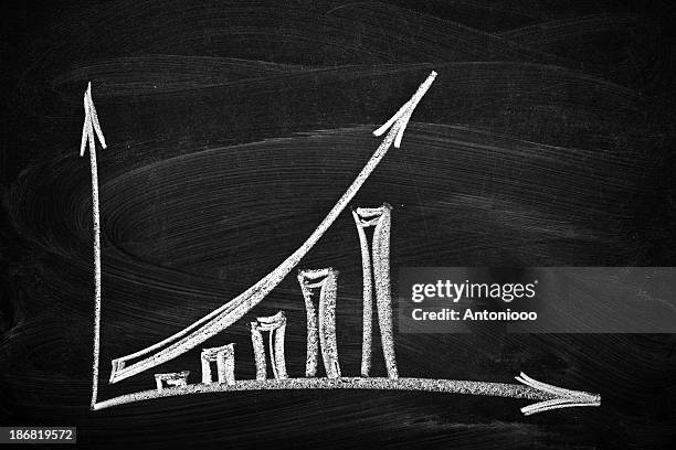 business chart showing growth drawn in chalk in a blackboard - chalk arrow stock pictures, royalty-free photos & images