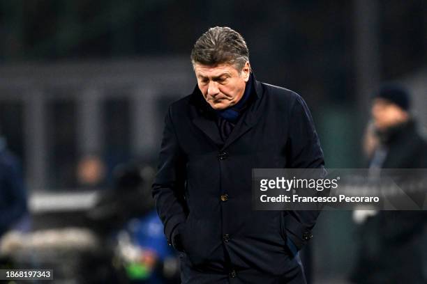 Walter Mazzarri, Head Coach of SSC Napoli, looks dejected during the Coppa Italia - Round of 16 match between SSC Napoli and Frosinone Calcio at...