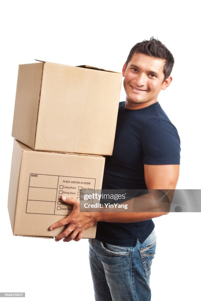 House Mover Holding  Moving Carboard Boxes on White Background