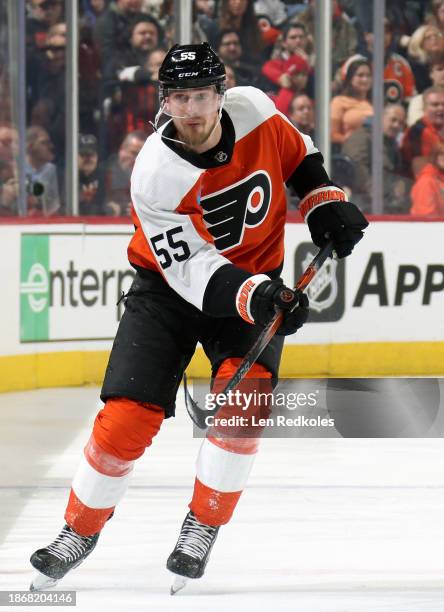 Rasmus Ristolainen of the Philadelphia Flyers skates against the Washington Capitals at the Wells Fargo Center on December 14, 2023 in Philadelphia,...